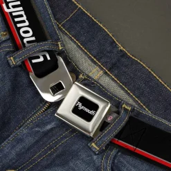 PLYMOUTH Text Logo Full Color Black White Seatbelt Belt - PLYMOUTH Text/Stripe Black/White/Gray/Red Webbing