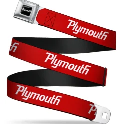 PLYMOUTH Text Logo Full Color Black White Seatbelt Belt - PLYMOUTH Text Logo Red/White Webbing