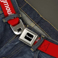 PLYMOUTH Text Logo Full Color Black White Seatbelt Belt - PLYMOUTH Text Logo Red/White Webbing