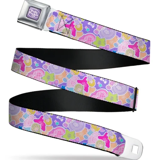 POLLY POCKET Title Logo Full Color Lavender/White Seatbelt Belt - Polly Pocket Dolls and Compacts Collage Lavender Webbing