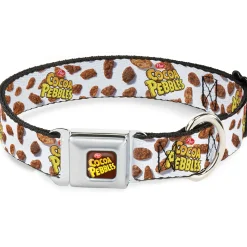 POST COCOA PEBBLES Logo Full Color Brown/Yellows Seatbelt Buckle Collar - POST COCOA PEBBLES Logo and Cereal Pebbles Scattered White/Browns