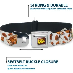 POST COCOA PEBBLES Logo Full Color Brown/Yellows Seatbelt Buckle Collar - Cocoa Pebbles Fred Flintstone and Barney Rubble Hugging Pose and Cereal Pebbles Scattered White/Browns