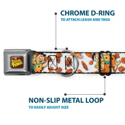 POST COCOA PEBBLES Logo Full Color Brown/Yellows Seatbelt Buckle Collar - Cocoa Pebbles Fred Flintstone and Barney Rubble Hugging Pose and Cereal Pebbles Scattered White/Browns