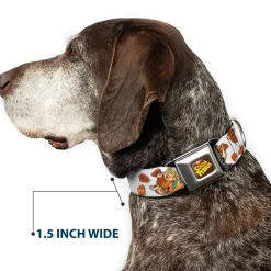 POST COCOA PEBBLES Logo Full Color Brown/Yellows Seatbelt Buckle Collar - Cocoa Pebbles Fred Flintstone and Barney Rubble Hugging Pose and Cereal Pebbles Scattered White/Browns