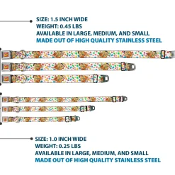 POST FRUITY PEBBLES Logo Full Color Red/Multi Color Seatbelt Buckle Collar - Fruity Pebbles Fred Flintstone and Barney Rubble Hugging Pose and Cereal Pebbles Scattered White/Multi Color