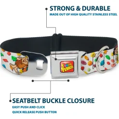 POST FRUITY PEBBLES Logo Full Color Red/Multi Color Seatbelt Buckle Collar - Fruity Pebbles Fred Flintstone and Barney Rubble Hugging Pose and Cereal Pebbles Scattered White/Multi Color