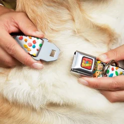 POST FRUITY PEBBLES Logo Full Color Red/Multi Color Seatbelt Buckle Collar - Fruity Pebbles Fred Flintstone and Barney Rubble Hugging Pose and Cereal Pebbles Scattered White/Multi Color
