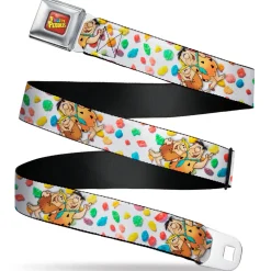 POST FRUITY PEBBLES Logo Full Color Red/Multi Color Seatbelt Belt - Fruity Pebbles Fred Flintstone and Barney Rubble Hugging Pose and Cereal Pebbles Scattered White/Multi Color Webbing