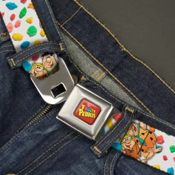 POST FRUITY PEBBLES Logo Full Color Red/Multi Color Seatbelt Belt - Fruity Pebbles Fred Flintstone and Barney Rubble Hugging Pose and Cereal Pebbles Scattered White/Multi Color Webbing
