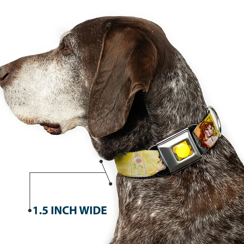 Princess Gem CLOSE-UP Full Color Yellow Seatbelt Buckle Collar - Belle Poses/Enchanted Rose/Story Script Yellow/Pinks