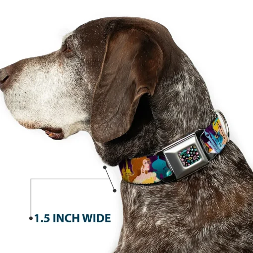 Princess Jewels Full Color Black Multi Color Seatbelt Buckle Collar - Disney Princess Poses/Castle Silhouettes Purples/Multi Color