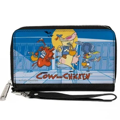 PU Zip Around Wallet Rectangle - COW AND CHICKEN with Red Guy Running Pose and Title Logo Blues