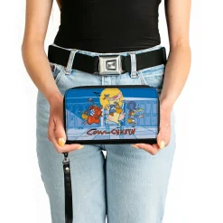 PU Zip Around Wallet Rectangle - COW AND CHICKEN with Red Guy Running Pose and Title Logo Blues