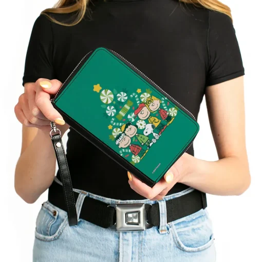 PU Zip Around Wallet Rectangle - Peanuts Holiday Christmas Tree Group Pose Greens