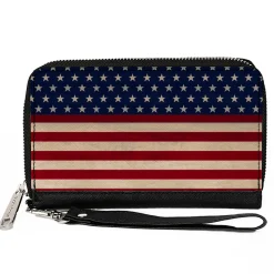 PU Zip Around Wallet Rectangle - American Flag Stripe