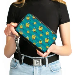 PU Zip Around Wallet Rectangle - SpongeBob Dancing Pose Scattered Stripe Teal Blues