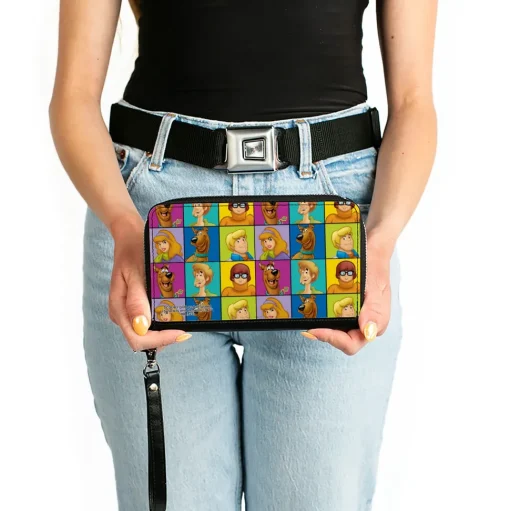 PU Zip Around Wallet Rectangle - Scooby Doo 5-Character Face Blocks Multi Color
