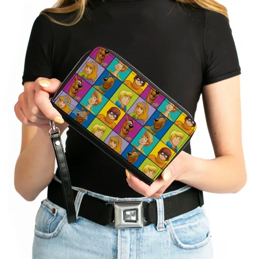 PU Zip Around Wallet Rectangle - Scooby Doo 5-Character Face Blocks Multi Color