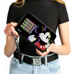PU Zip Around Wallet Rectangle - MICKEY MOUSE Walking Pose and Pixel Text Black/Multi Neon