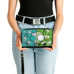 PU Zip Around Wallet Rectangle - Invader Zim GIR Split Close-Up and Poses Blue/Green