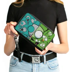 PU Zip Around Wallet Rectangle - Invader Zim GIR Split Close-Up and Poses Blue/Green