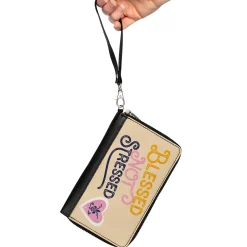 PU Zip Around Wallet Rectangle - BLESSED NOT STRESSED Quote Fleur-de-Lis Beige Multi Color