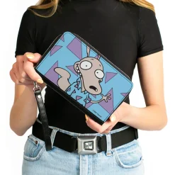 PU Zip Around Wallet Rectangle - Rocko's Modern Life Rocko Waving Pose Triangles Blue Purple