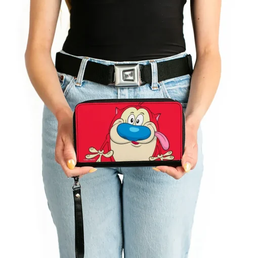 PU Zip Around Wallet Rectangle - The Ren & Stimpy Show Stimpy Smiling Pose CLOSE-UP Red