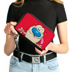 PU Zip Around Wallet Rectangle - The Ren & Stimpy Show Stimpy Smiling Pose CLOSE-UP Red