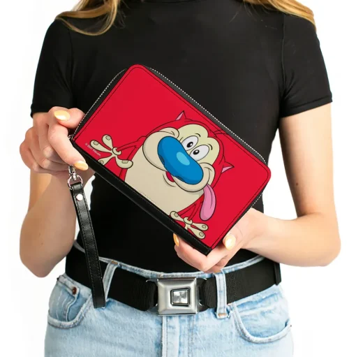 PU Zip Around Wallet Rectangle - The Ren & Stimpy Show Stimpy Smiling Pose CLOSE-UP Red