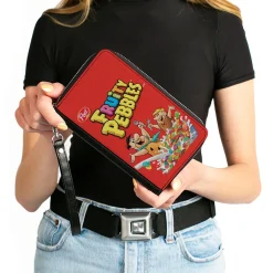 PU Zip Around Wallet Rectangle - FRUITY PEBBLES Fred Flintstone and Barney Rubble Cereal Box Replica Bright Red