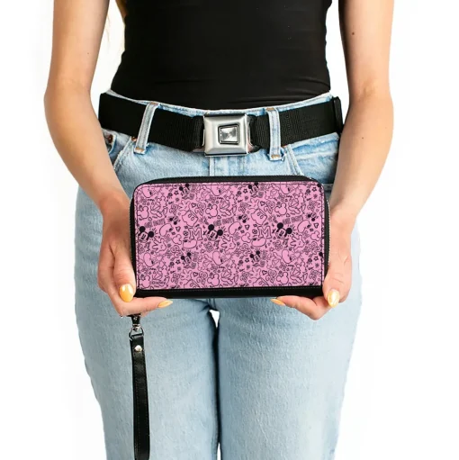 PU Zip Around Wallet Rectangle - Mickey Mouse Icon Doodles Collage Pink/Black