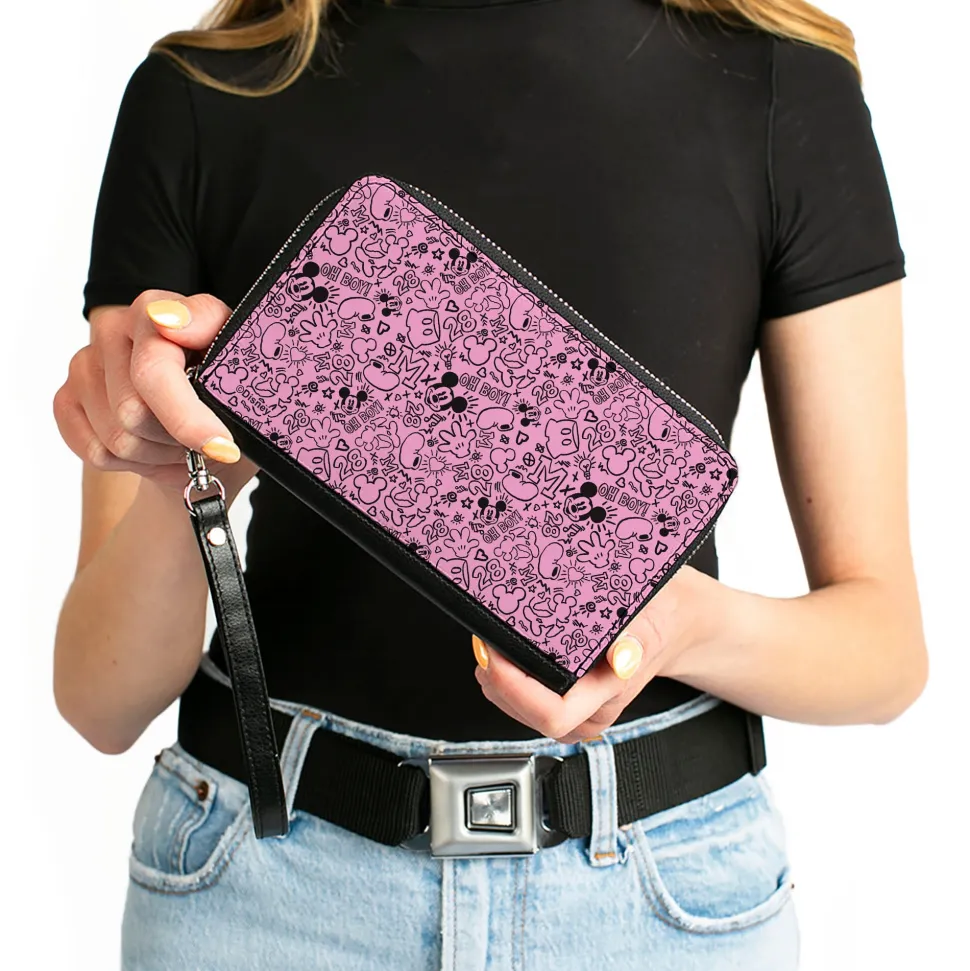 PU Zip Around Wallet Rectangle - Mickey Mouse Icon Doodles Collage Pink/Black
