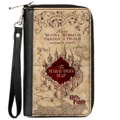 PU Zip Around Wallet Rectangle - Hogwarts School THE MARAUDER'S MAP Tan/Reds
