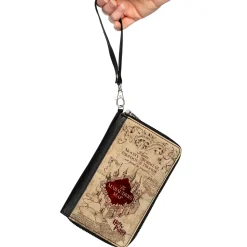 PU Zip Around Wallet Rectangle - Hogwarts School THE MARAUDER'S MAP Tan/Reds