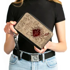 PU Zip Around Wallet Rectangle - Hogwarts School THE MARAUDER'S MAP Tan/Reds