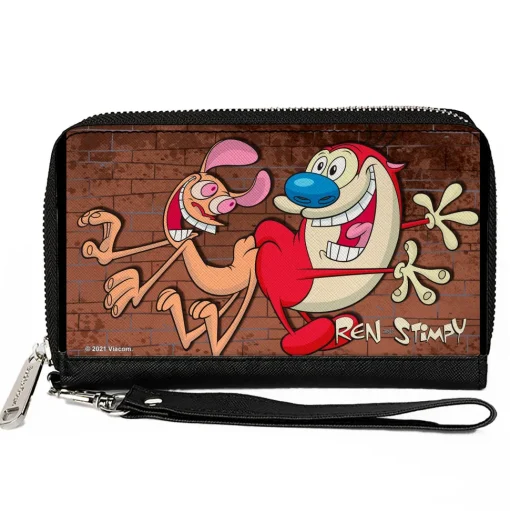 PU Zip Around Wallet Rectangle - The Ren & Stimpy Show Booty Bump Pose Brick Wall Browns