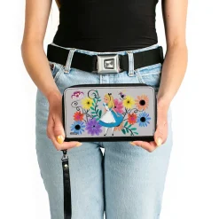 PU Zip Around Wallet Rectangle - Alice Pose/Cheshire Cat Face/Flowers of Wonderland + Flower Trio Gray/Multi Color