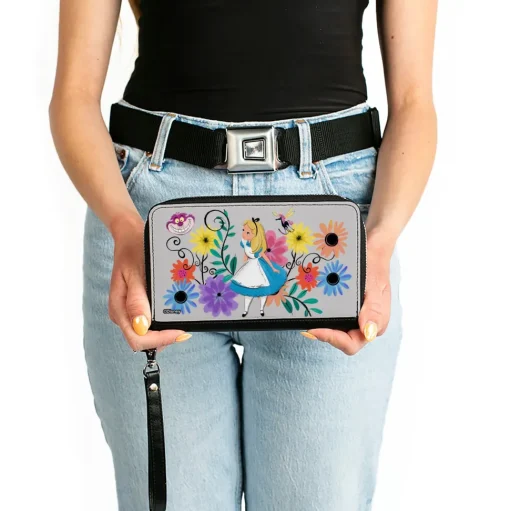 PU Zip Around Wallet Rectangle - Alice Pose/Cheshire Cat Face/Flowers of Wonderland + Flower Trio Gray/Multi Color