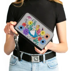 PU Zip Around Wallet Rectangle - Alice Pose/Cheshire Cat Face/Flowers of Wonderland + Flower Trio Gray/Multi Color