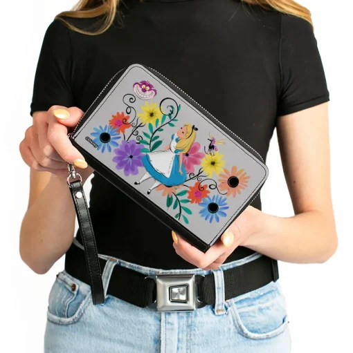 PU Zip Around Wallet Rectangle - Alice Pose/Cheshire Cat Face/Flowers of Wonderland + Flower Trio Gray/Multi Color