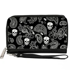 PU Zip Around Wallet Rectangle - Bandana/Skulls Black/White