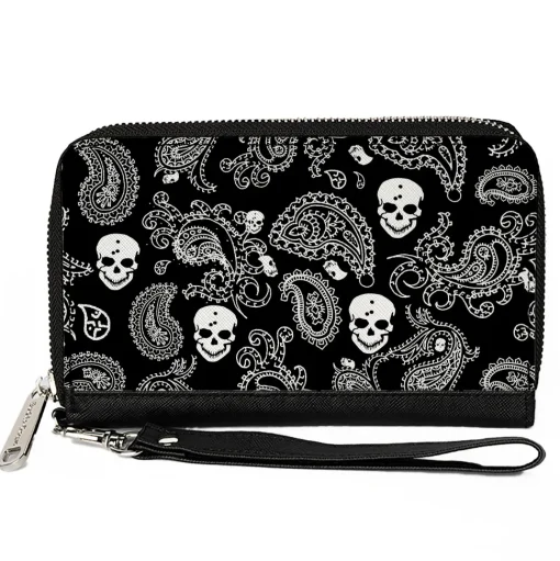 PU Zip Around Wallet Rectangle - Bandana/Skulls Black/White