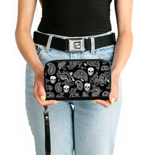PU Zip Around Wallet Rectangle - Bandana/Skulls Black/White