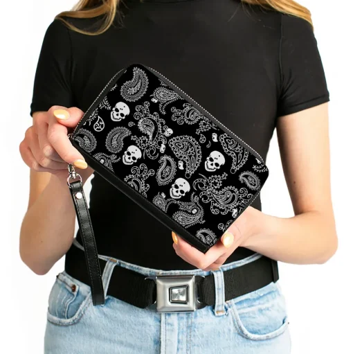 PU Zip Around Wallet Rectangle - Bandana/Skulls Black/White