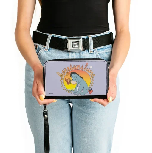 PU Zip Around Wallet Rectangle - Winnie the Pooh Eeyore HELLO SUNSHINE Butterfly Pose Gray