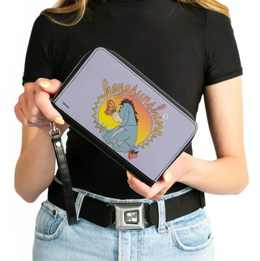 PU Zip Around Wallet Rectangle - Winnie the Pooh Eeyore HELLO SUNSHINE Butterfly Pose Gray