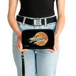 PU Zip Around Wallet Rectangle - Rick and Morty Smith Family Flying Car and Planet Pose Galaxy Black