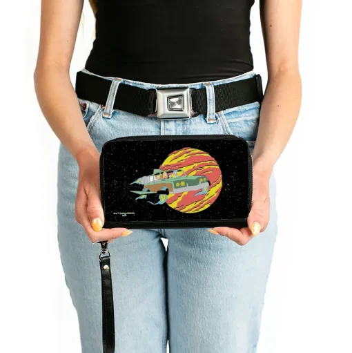 PU Zip Around Wallet Rectangle - Rick and Morty Smith Family Flying Car and Planet Pose Galaxy Black