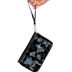 PU Zip Around Wallet Rectangle - Stitch 3-Poses Scattered/Hibiscus Sketch Black/Grays